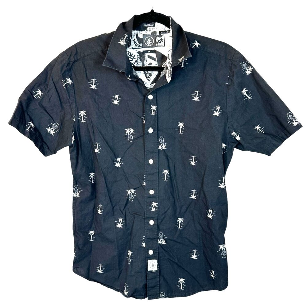 Volcom Classic Fit Quirky Palm Tree Black Button Short Sleeve Shirt Men's Small